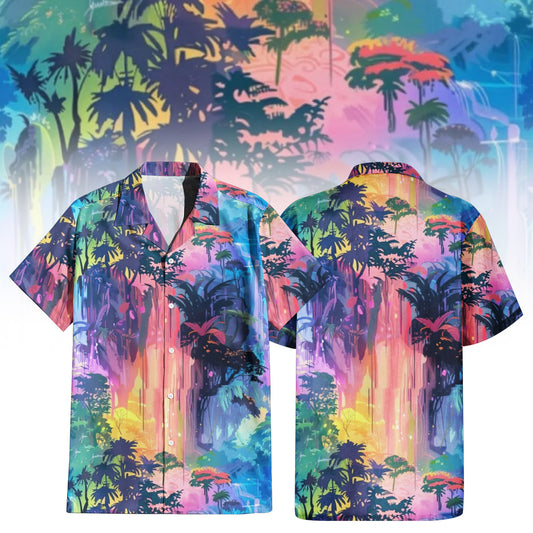 Sun Catcher Hawaiian Shirt For Men Women featuring a vibrant rainbow-colored tropical landscape print with dark palm tree silhouettes and glowing waterfalls. Front and back view of the short-sleeve button-up shirt