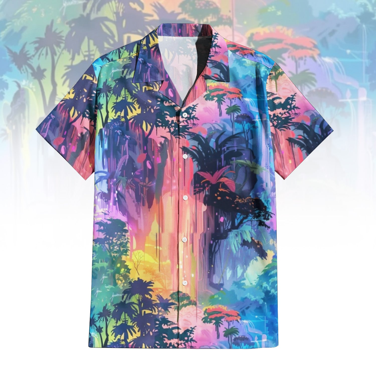 Sun Catcher Hawaiian Shirt For Men Women featuring a vibrant rainbow-colored tropical landscape print with dark palm tree silhouettes and glowing waterfalls. Front and back view of the short-sleeve button-up shirt