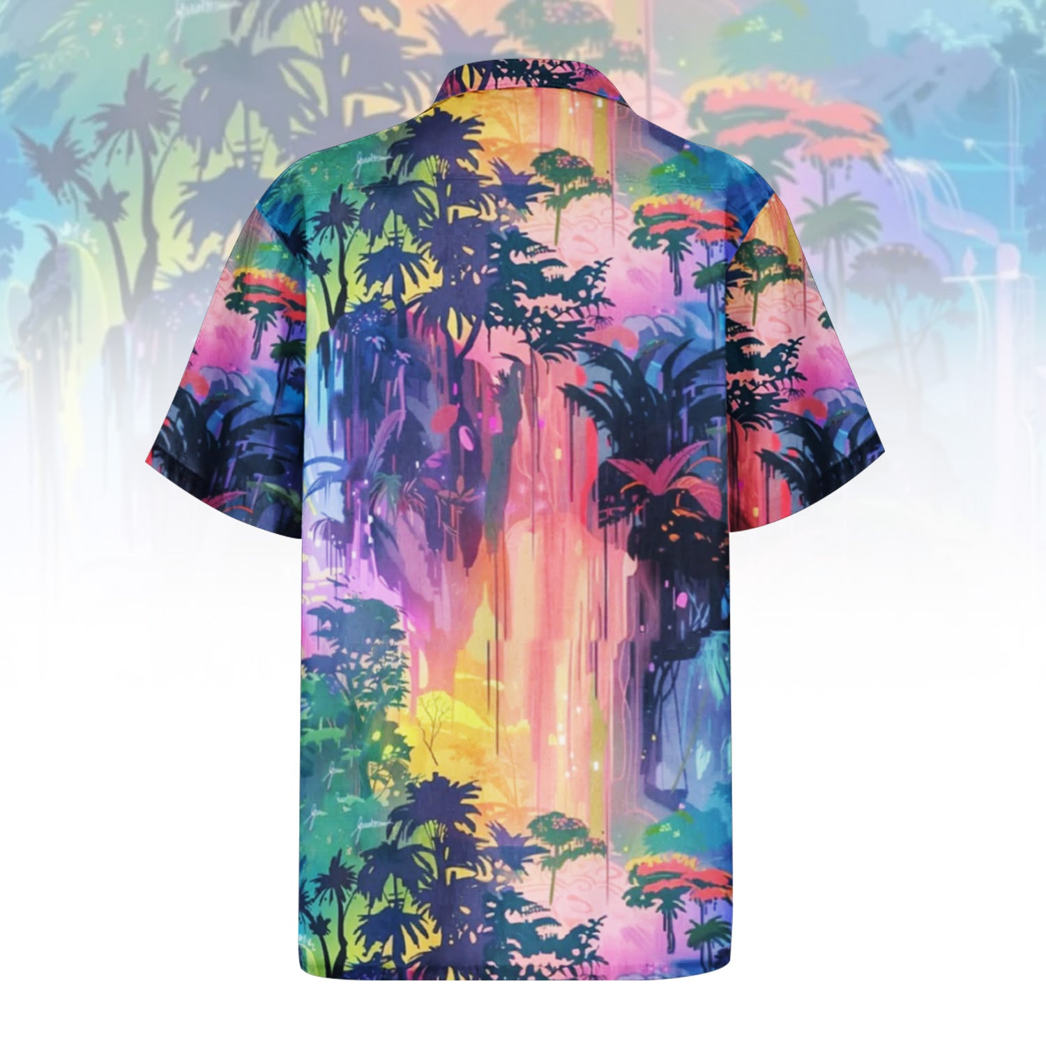 Sun Catcher Hawaiian Shirt For Men Women featuring a vibrant rainbow-colored tropical landscape print with dark palm tree silhouettes and glowing waterfalls. Front and back view of the short-sleeve button-up shirt