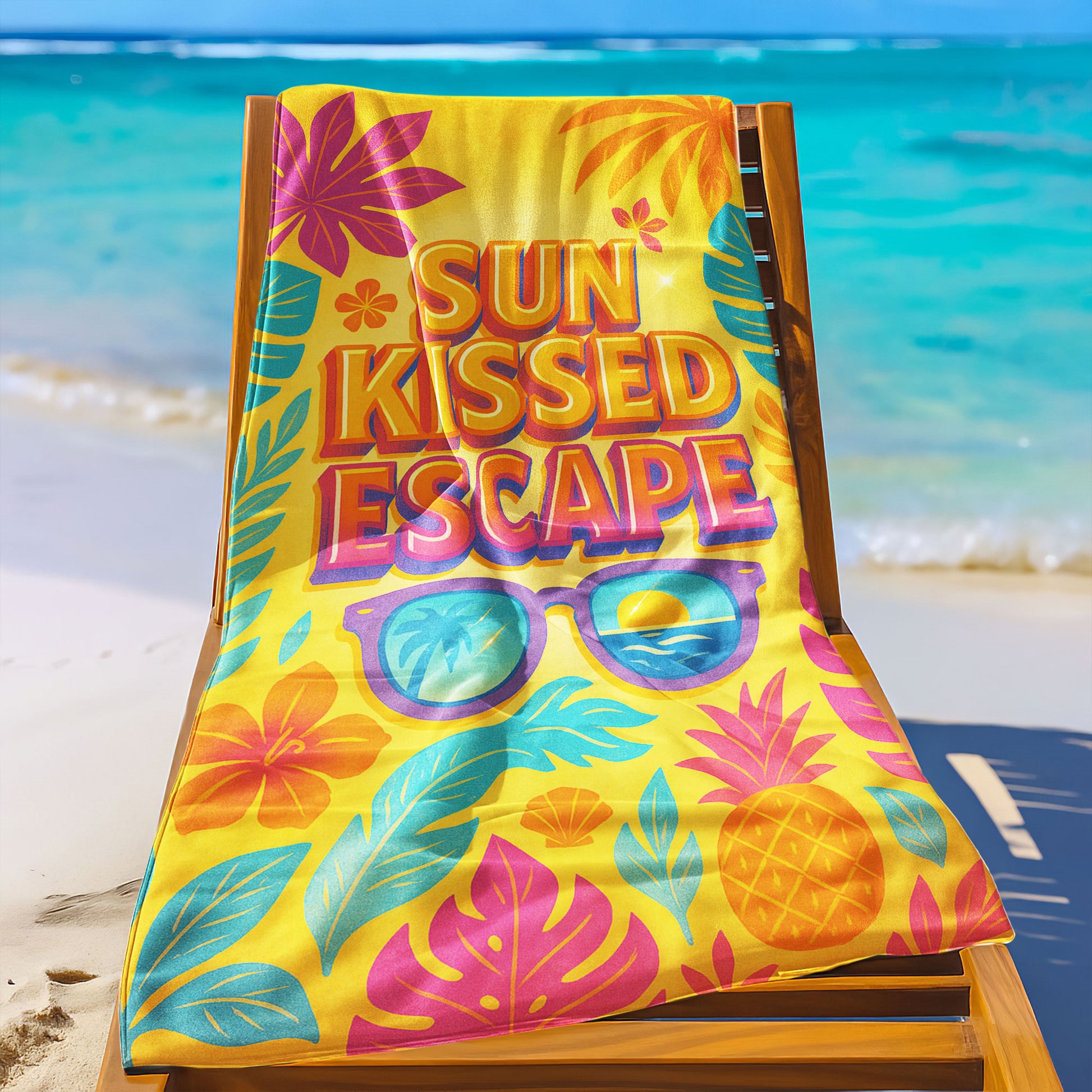 Sun Kissed Escape Beach Towel with a vibrant yellow background, tropical leaves, flowers, pineapple, sunglasses reflecting a sunset, and "SUN KISSED ESCAPE" text on a beach with ocean background.