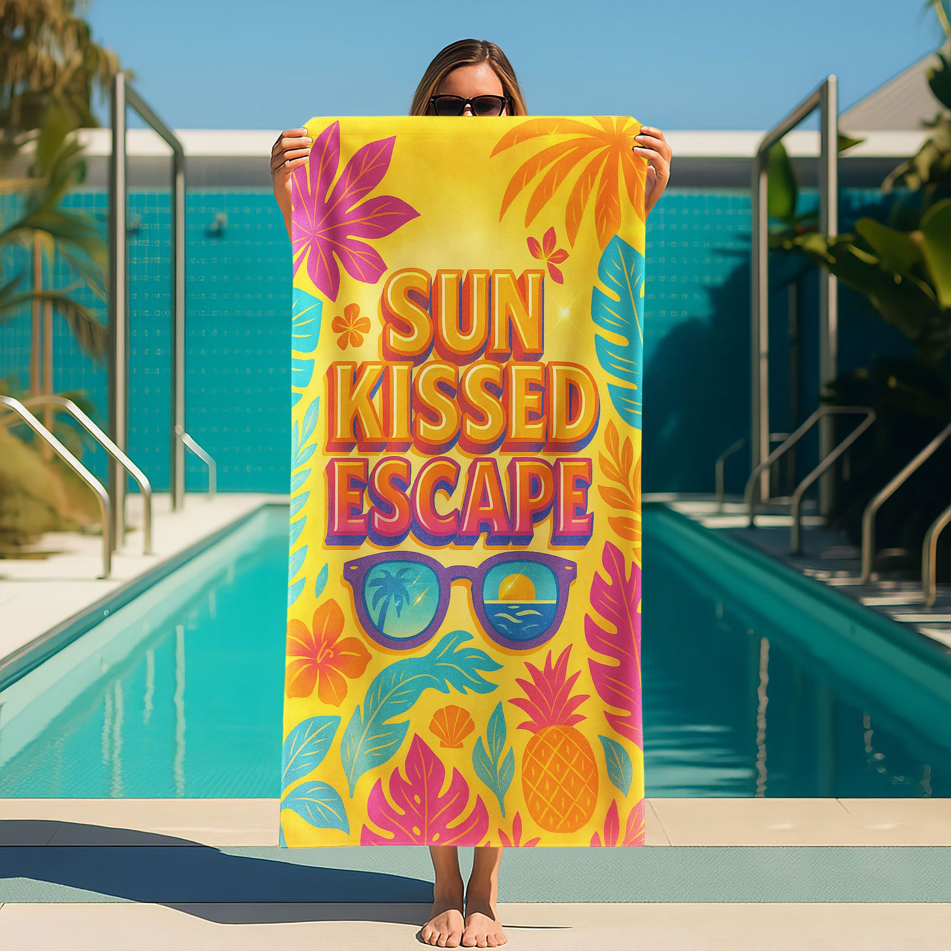 Sun Kissed Escape Beach Towel with a vibrant yellow background, tropical leaves, flowers, pineapple, sunglasses reflecting a sunset, and "SUN KISSED ESCAPE" text on a beach with ocean background.