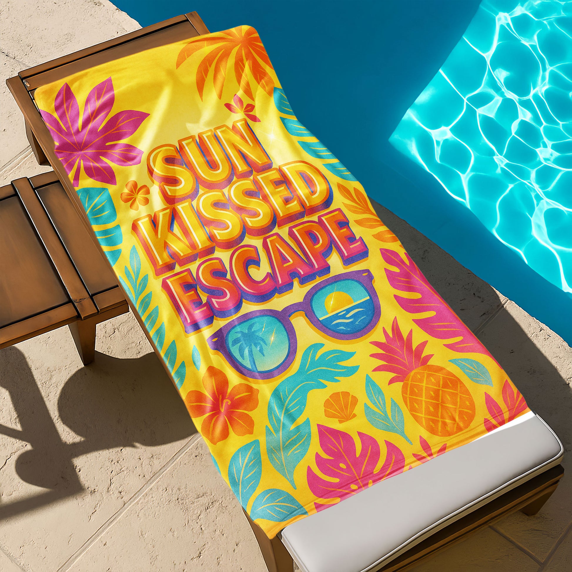 Sun Kissed Escape Beach Towel with a vibrant yellow background, tropical leaves, flowers, pineapple, sunglasses reflecting a sunset, and "SUN KISSED ESCAPE" text on a beach with ocean background.
