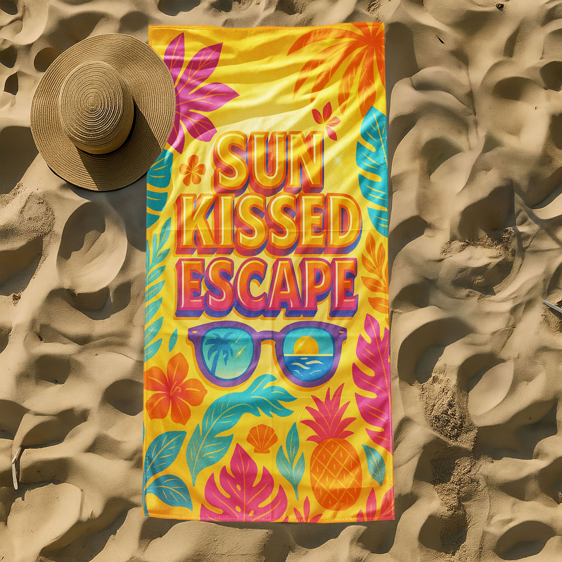 Sun Kissed Escape Beach Towel with a vibrant yellow background, tropical leaves, flowers, pineapple, sunglasses reflecting a sunset, and "SUN KISSED ESCAPE" text on a beach with ocean background.
