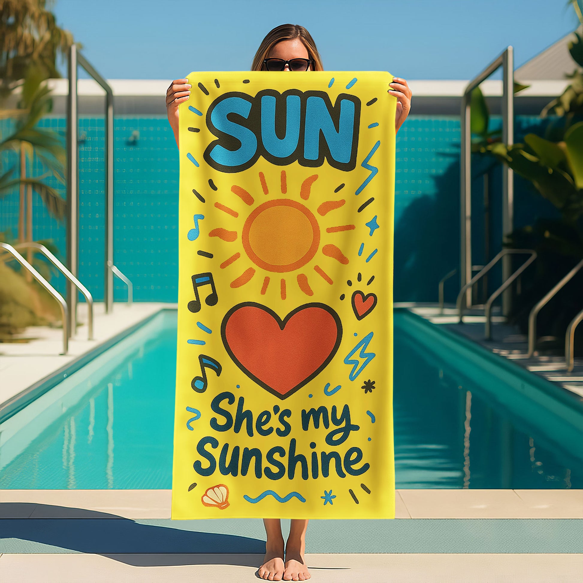 Matching beach towels for couples – one yellow towel with “She’s My Sunshine” and one blue towel with “He’s My Moon” hanging by the beach.