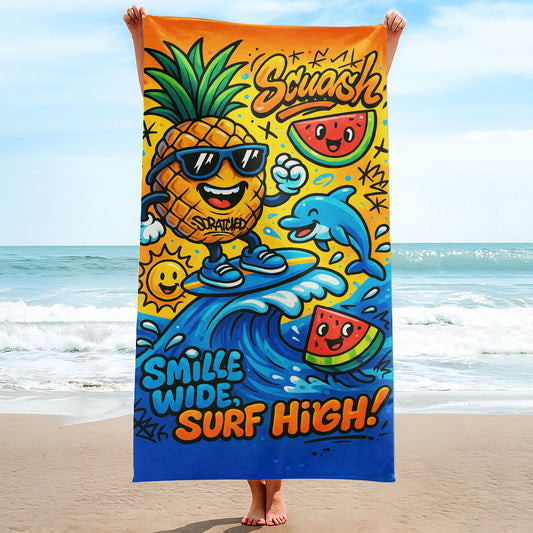 Surfing Pineapple Summer Beach Towel with a pineapple in sunglasses surfing a wave with a dolphin, watermelon slices, and "SMILLE WIDE, SURF HIGH!" text on a beach background.