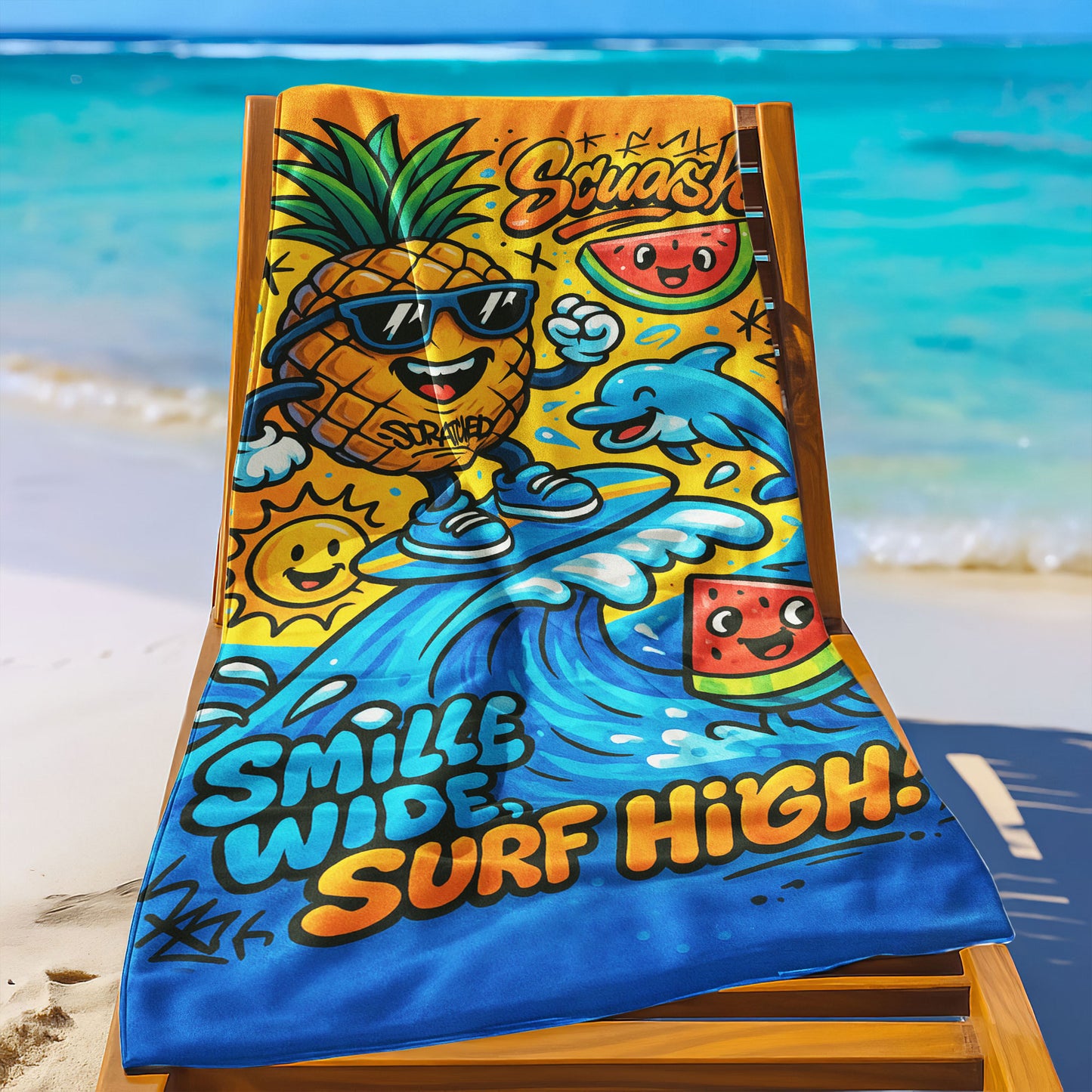 Surfing Pineapple Summer Beach Towel with a pineapple in sunglasses surfing a wave with a dolphin, watermelon slices, and "SMILLE WIDE, SURF HIGH!" text on a beach background.