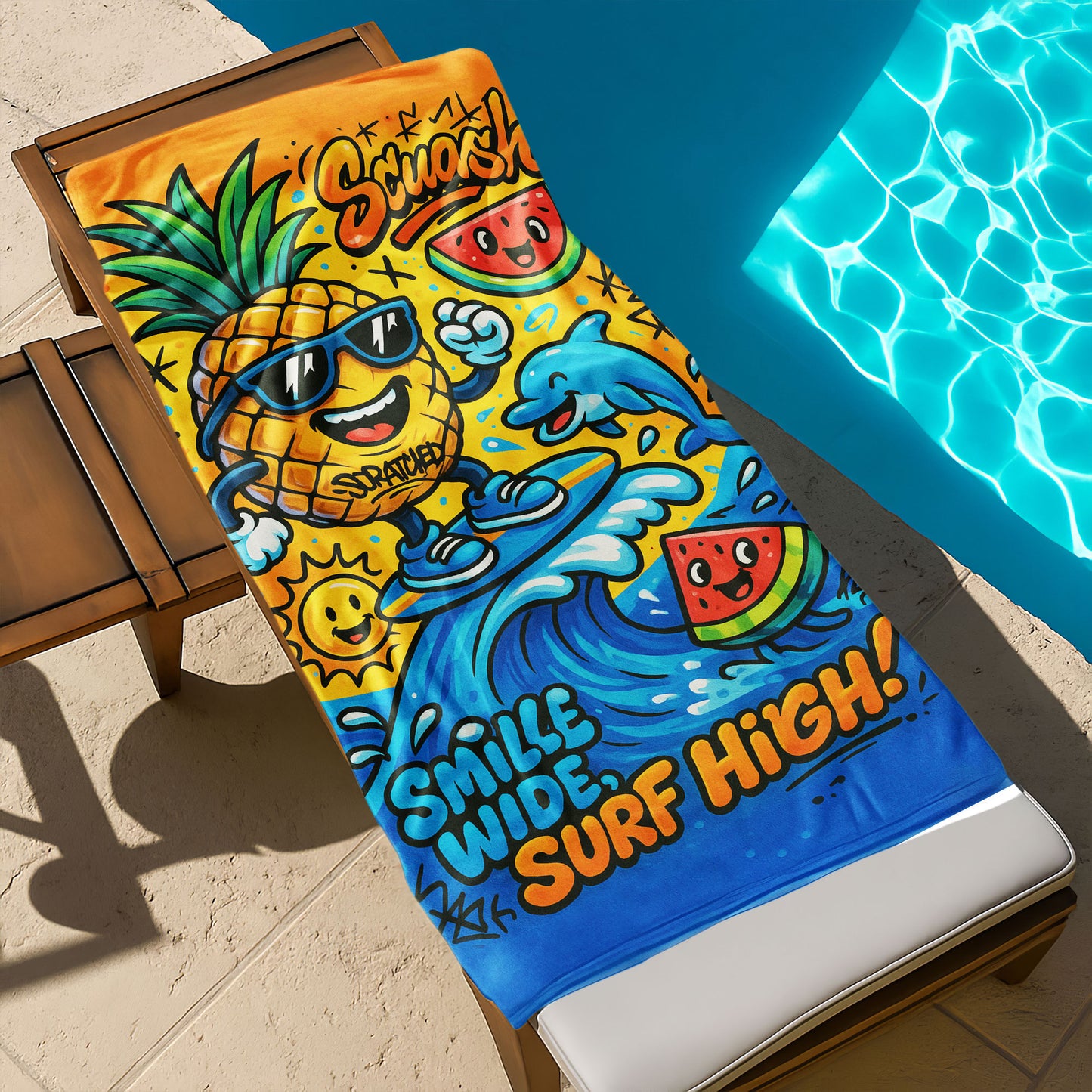 Surfing Pineapple Summer Beach Towel with a pineapple in sunglasses surfing a wave with a dolphin, watermelon slices, and "SMILLE WIDE, SURF HIGH!" text on a beach background.