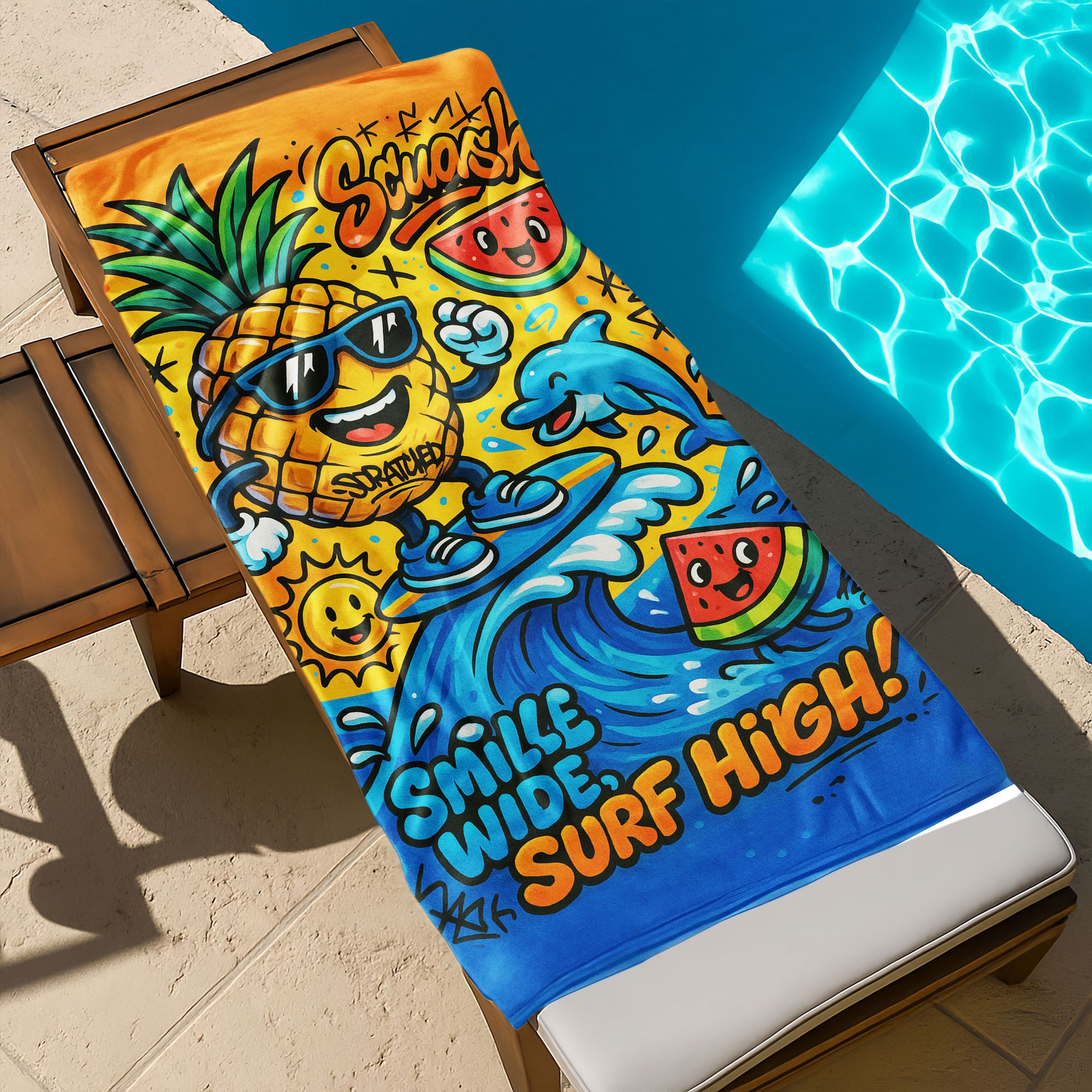 Surfing Pineapple Summer Beach Towel with a pineapple in sunglasses surfing a wave with a dolphin, watermelon slices, and "SMILLE WIDE, SURF HIGH!" text on a beach background.