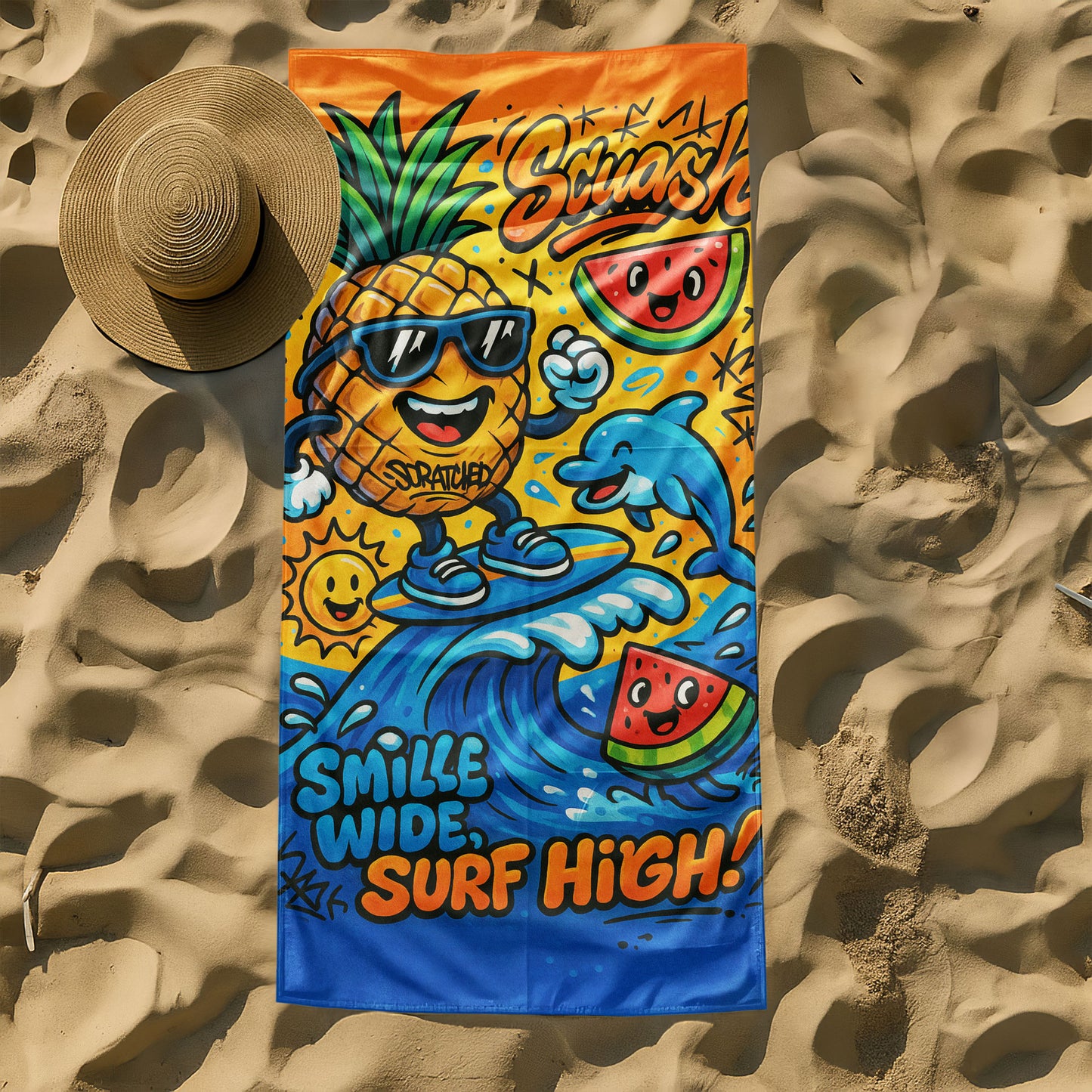 Surfing Pineapple Summer Beach Towel with a pineapple in sunglasses surfing a wave with a dolphin, watermelon slices, and "SMILLE WIDE, SURF HIGH!" text on a beach background.
