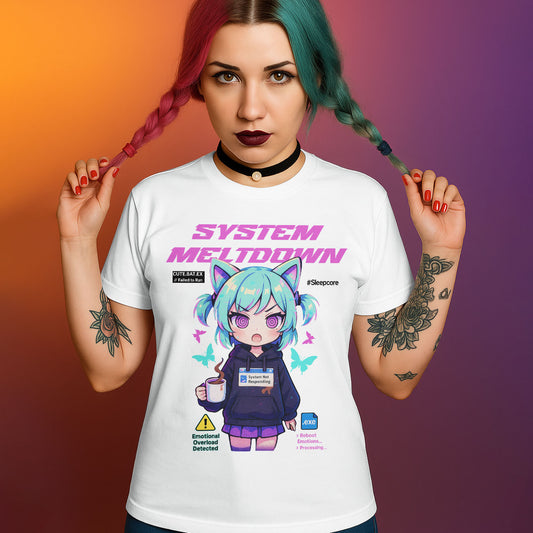 Front view of a white t-shirt featuring an anime cat girl with teal hair, with the text "System Meltdown" and computer error-themed graphics.