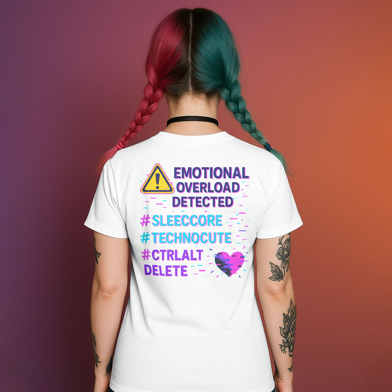 Back view of the System Meltdown t-shirt showing a warning sign and the text "Emotional Overload Detected" with hashtags like #Sleepcore and #Technocute