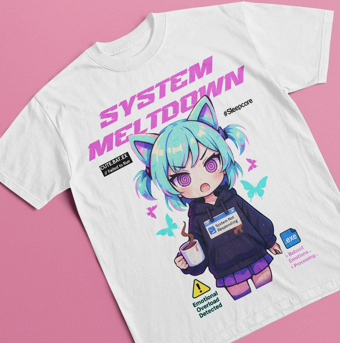 Front view of a white t-shirt featuring an anime cat girl with teal hair, with the text "System Meltdown" and computer error-themed graphics.