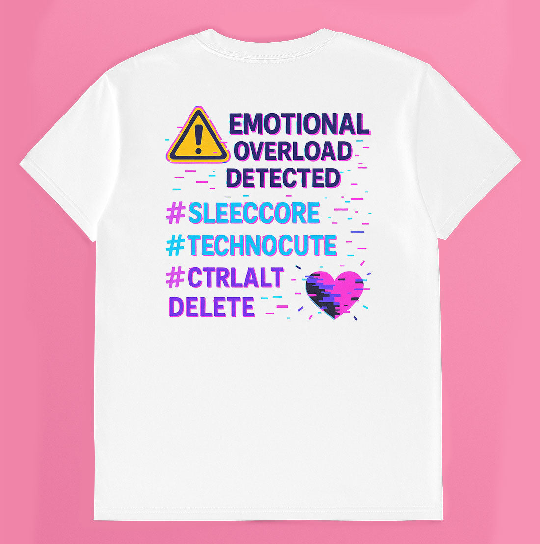 Back view of the System Meltdown t-shirt showing a warning sign and the text "Emotional Overload Detected" with hashtags like #Sleepcore and #Technocute.