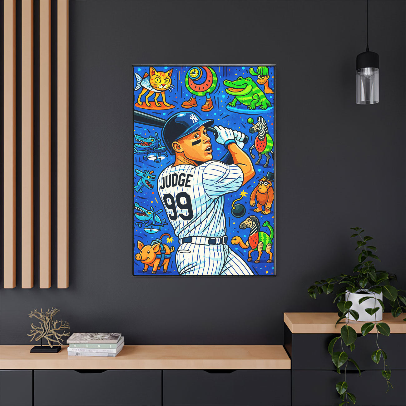 Vibrant pop art canvas print of a pinstripe baseball player, number 99, in batting stance, surrounded by colorful cartoon animal characters and graphic elements on a blue background.
