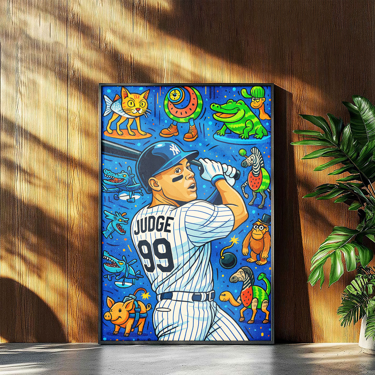 Vibrant pop art canvas print of a pinstripe baseball player, number 99, in batting stance, surrounded by colorful cartoon animal characters and graphic elements on a blue background.