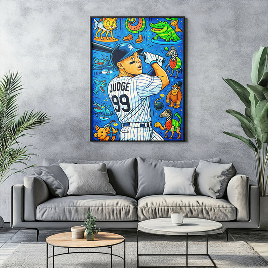Vibrant pop art canvas print of a pinstripe baseball player, number 99, in batting stance, surrounded by colorful cartoon animal characters and graphic elements on a blue background.