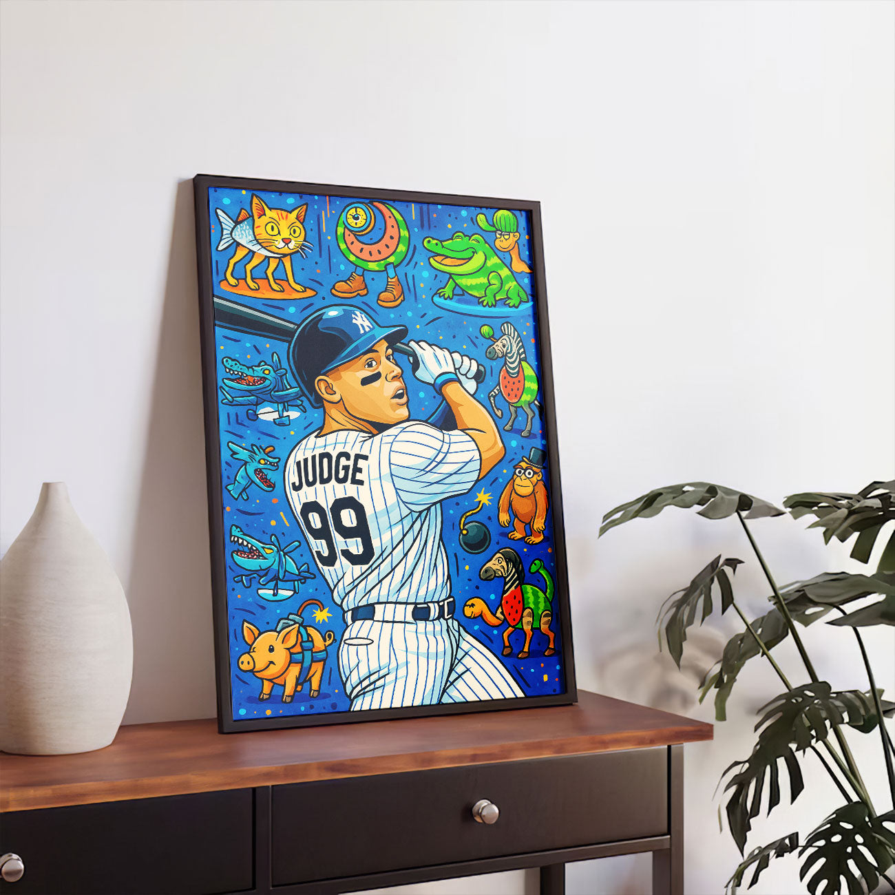 Vibrant pop art canvas print of a pinstripe baseball player, number 99, in batting stance, surrounded by colorful cartoon animal characters and graphic elements on a blue background.