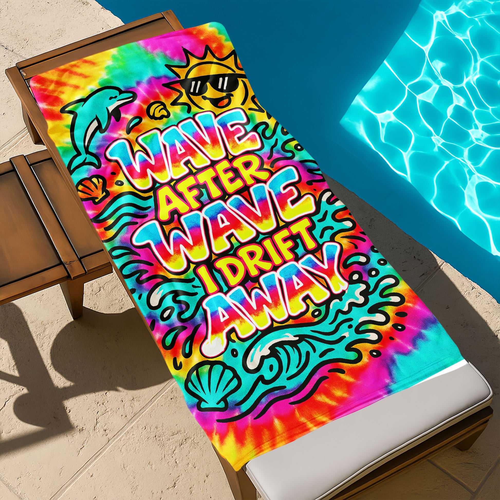 Tie-Dye "Wave After Wave" Beach Towel with colorful tie-dye background, a jumping dolphin, smiling sun, seashells, and "WAVE AFTER WAVE I DRIFT AWAY" text on a beach with ocean background.