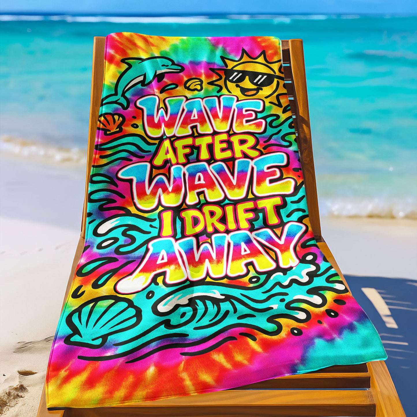 Tie-Dye "Wave After Wave" Beach Towel with colorful tie-dye background, a jumping dolphin, smiling sun, seashells, and "WAVE AFTER WAVE I DRIFT AWAY" text on a beach with ocean background.