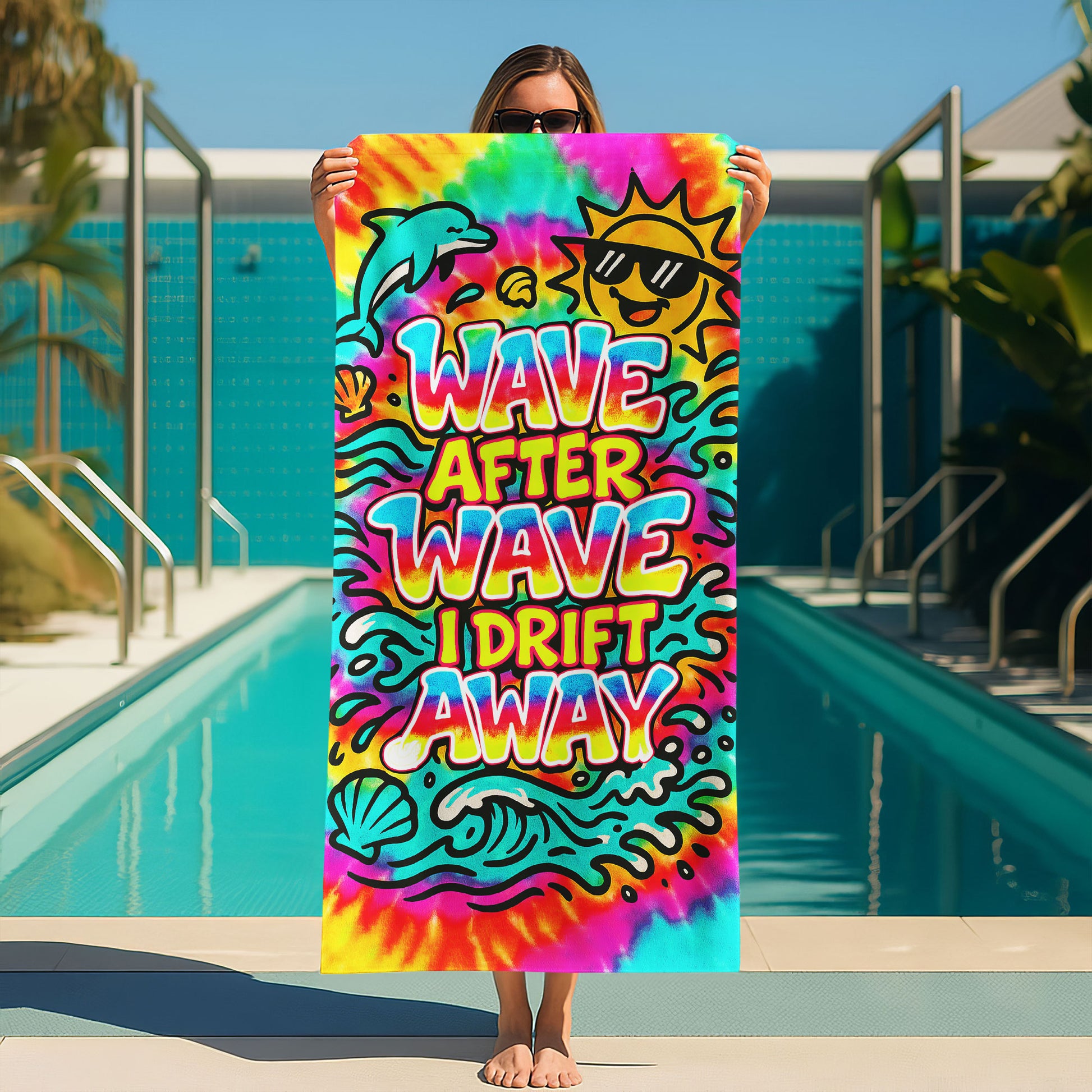 Tie-Dye "Wave After Wave" Beach Towel with colorful tie-dye background, a jumping dolphin, smiling sun, seashells, and "WAVE AFTER WAVE I DRIFT AWAY" text on a beach with ocean background.