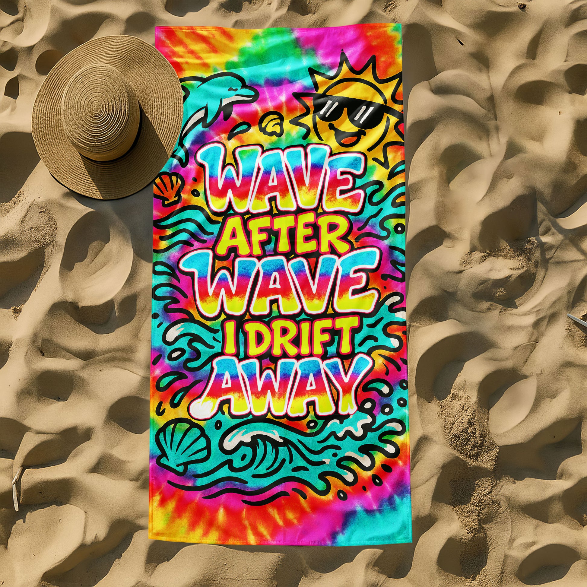 Drift away with our vibrant Tie-Dye "Wave After Wave" Beach Towel! Featuring an eye-catching tie-dye design, this absorbent towel is perfect for beach days, poolside relaxation, and all your ocean adventures. Shop now!