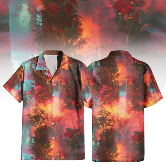 Tropic Escape Hawaiian Shirt For Men Women featuring a fiery floral rainforest print with dominant reds, oranges, and turquoise hues, showing abstract foliage and flowers. Front and back view of the short-sleeve button-up shirt