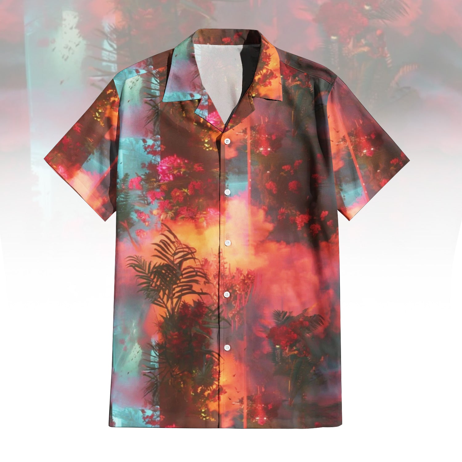Tropic Escape Hawaiian Shirt For Men Women featuring a fiery floral rainforest print with dominant reds, oranges, and turquoise hues, showing abstract foliage and flowers. Front and back view of the short-sleeve button-up shirt