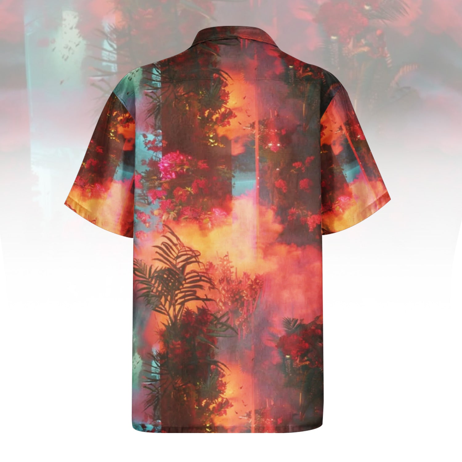 Tropic Escape Hawaiian Shirt For Men Women featuring a fiery floral rainforest print with dominant reds, oranges, and turquoise hues, showing abstract foliage and flowers. Front and back view of the short-sleeve button-up shirt