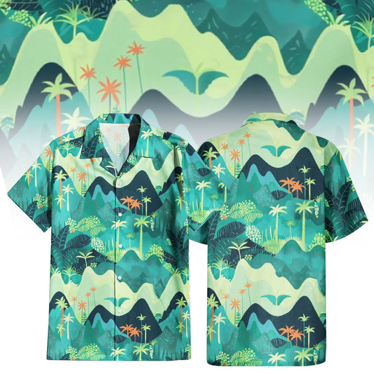 Tropical Mountain Escape Hawaiian Shirt for Men & Women with lush green landscape print.