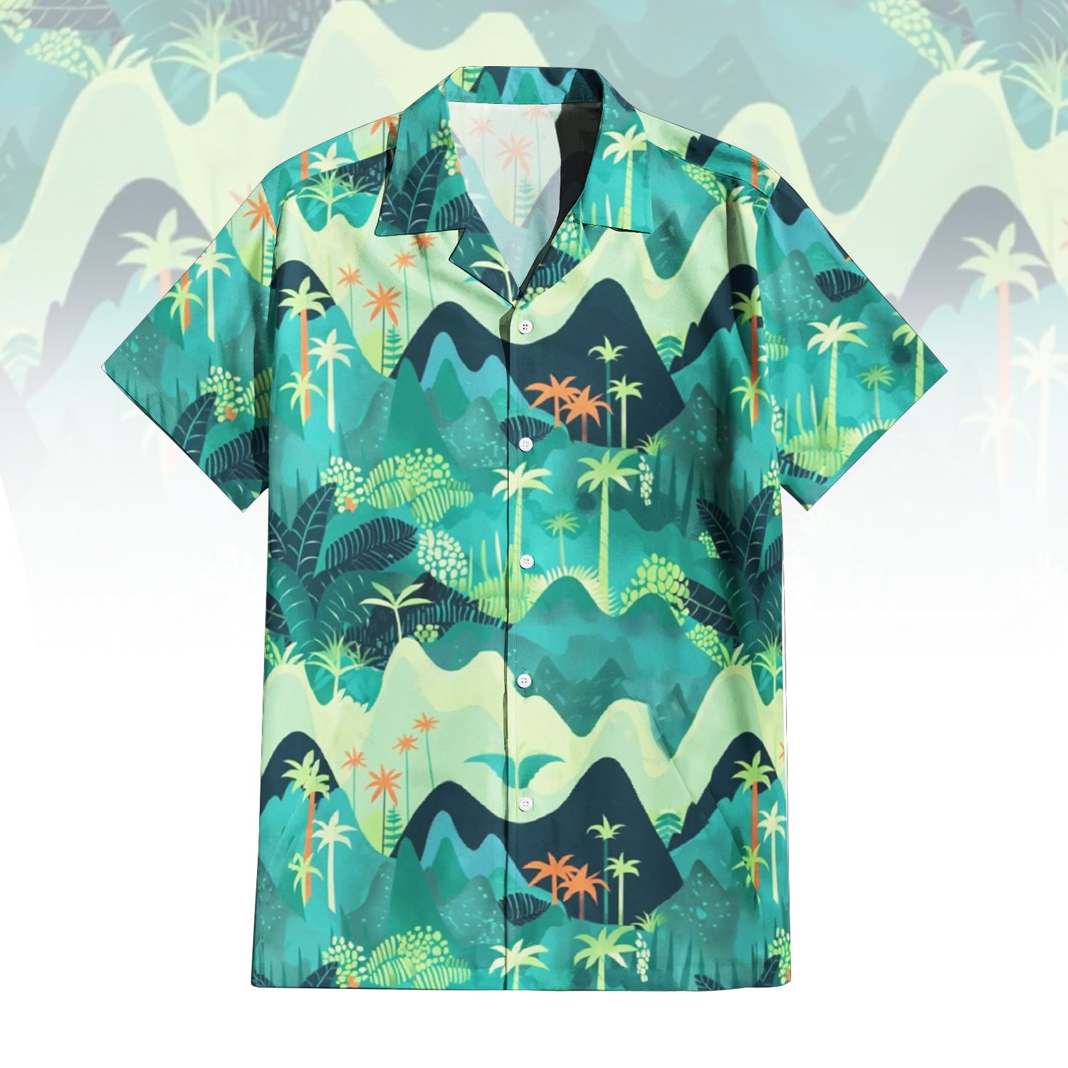 Tropical Mountain Escape Hawaiian Shirt for Men & Women with lush green landscape print.