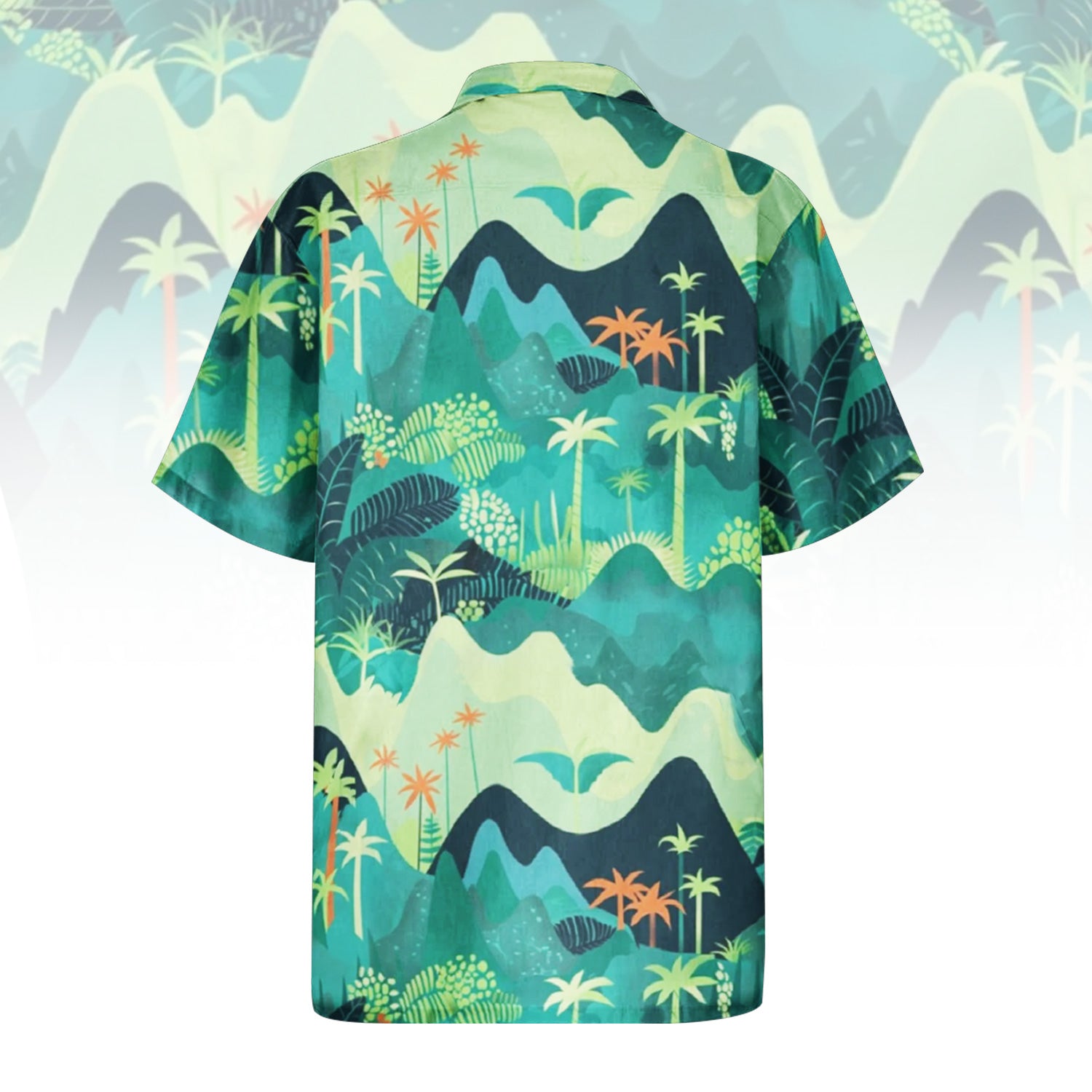 Tropical Mountain Escape Hawaiian Shirt for Men & Women with lush green landscape print.