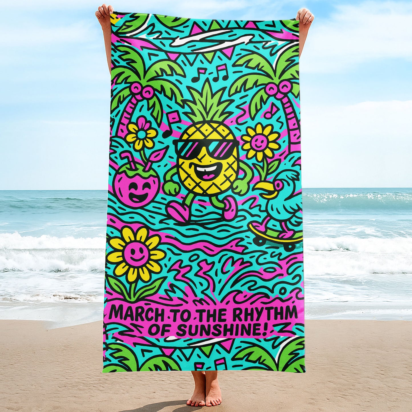 Tropical Pineapple Groove Beach Towel with dancing pineapple in sunglasses, palm trees, flowers, coconut drink, and "MARCH TO THE RHYTHM OF SUNSHINE!" text on a beach background.