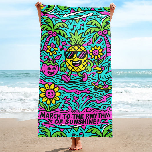 Tropical Pineapple Groove Beach Towel with dancing pineapple in sunglasses, palm trees, flowers, coconut drink, and "MARCH TO THE RHYTHM OF SUNSHINE!" text on a beach background.