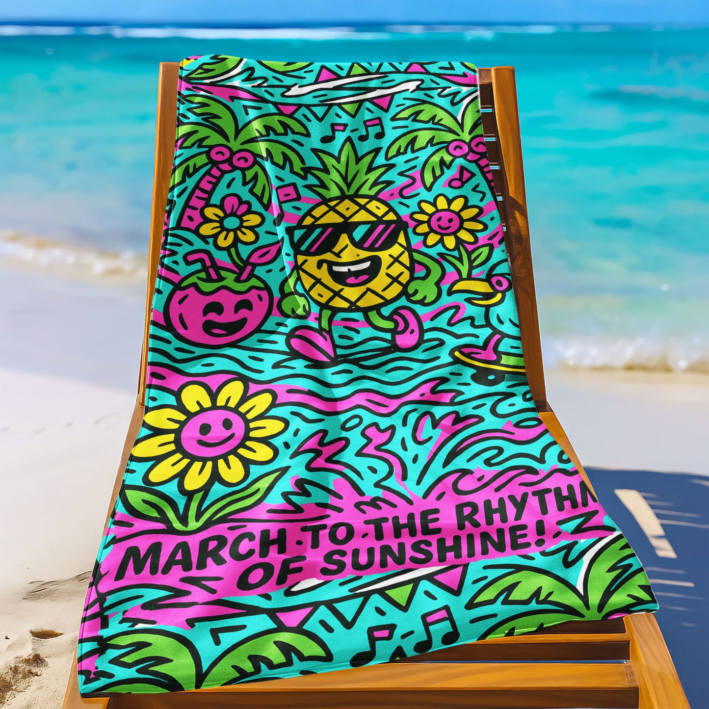 Tropical Pineapple Groove Beach Towel with dancing pineapple in sunglasses, palm trees, flowers, coconut drink, and "MARCH TO THE RHYTHM OF SUNSHINE!" text on a beach background.