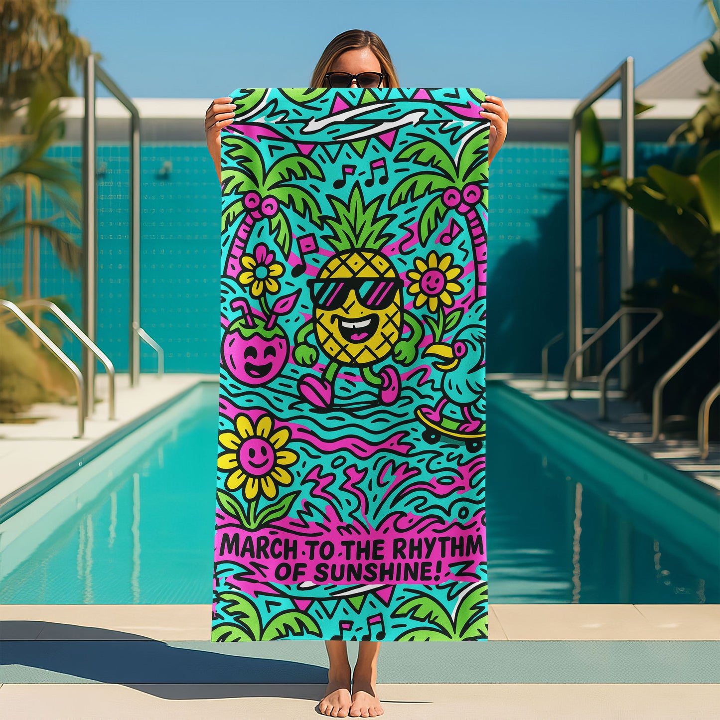 Tropical Pineapple Groove Beach Towel with dancing pineapple in sunglasses, palm trees, flowers, coconut drink, and "MARCH TO THE RHYTHM OF SUNSHINE!" text on a beach background.