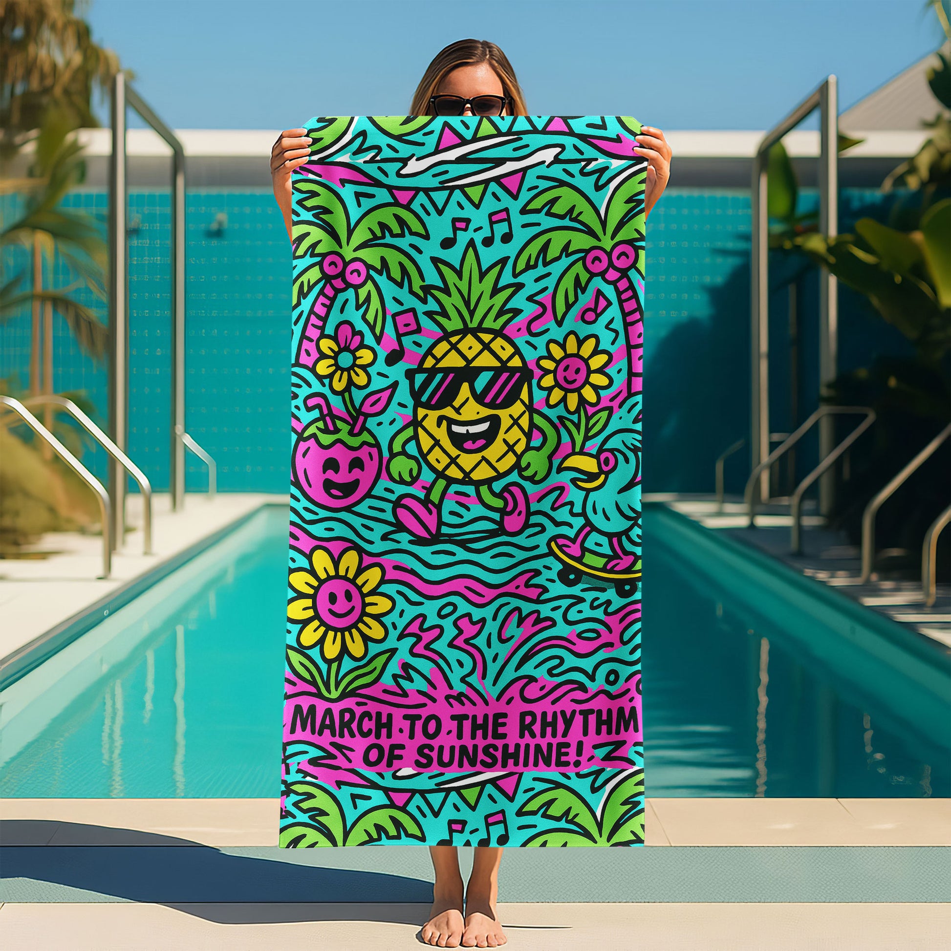 Tropical Pineapple Groove Beach Towel with dancing pineapple in sunglasses, palm trees, flowers, coconut drink, and "MARCH TO THE RHYTHM OF SUNSHINE!" text on a beach background.