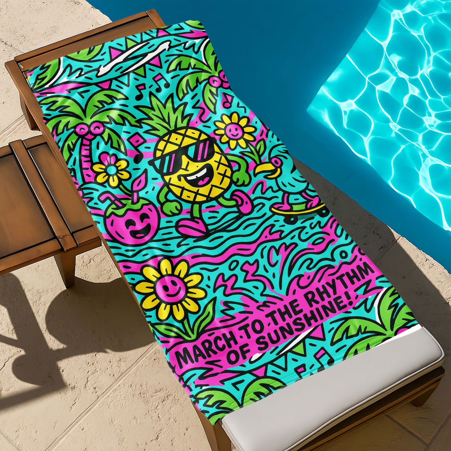 Tropical Pineapple Groove Beach Towel with dancing pineapple in sunglasses, palm trees, flowers, coconut drink, and "MARCH TO THE RHYTHM OF SUNSHINE!" text on a beach background.