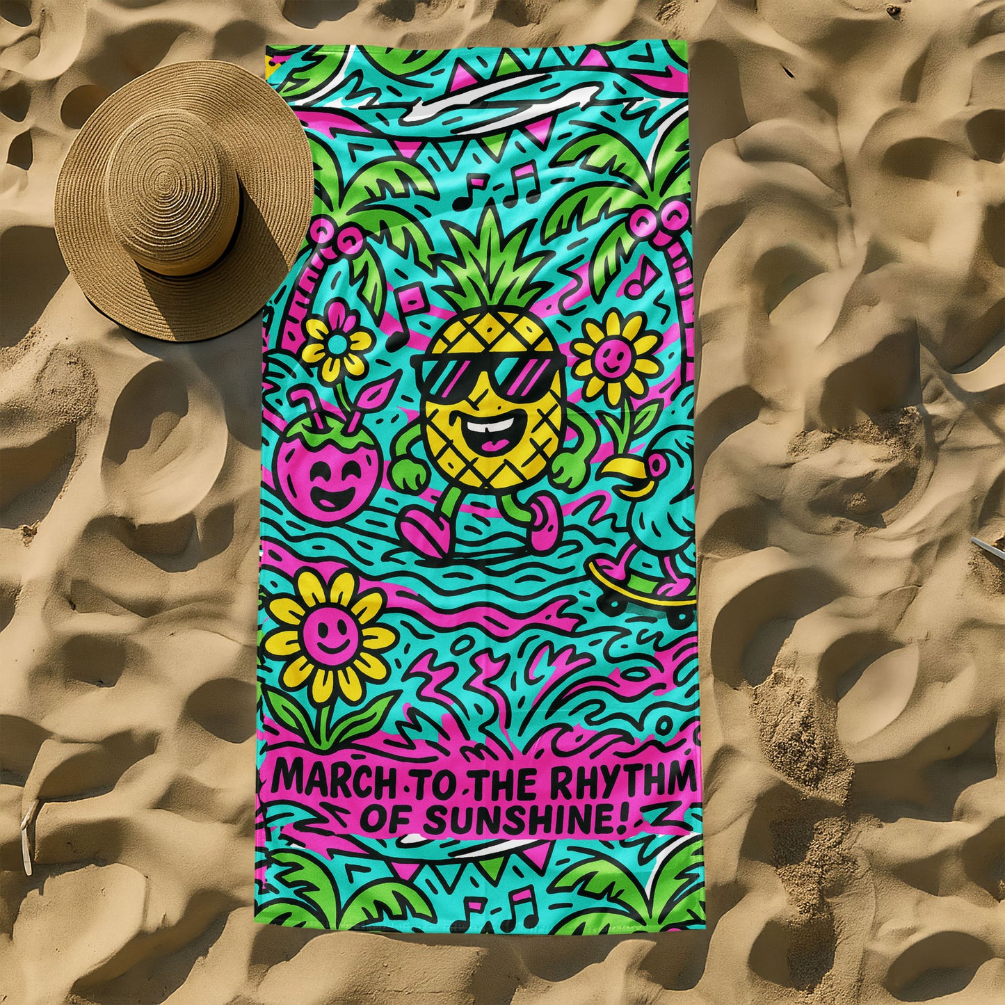 Tropical Pineapple Groove Beach Towel with dancing pineapple in sunglasses, palm trees, flowers, coconut drink, and "MARCH TO THE RHYTHM OF SUNSHINE!" text on a beach background.