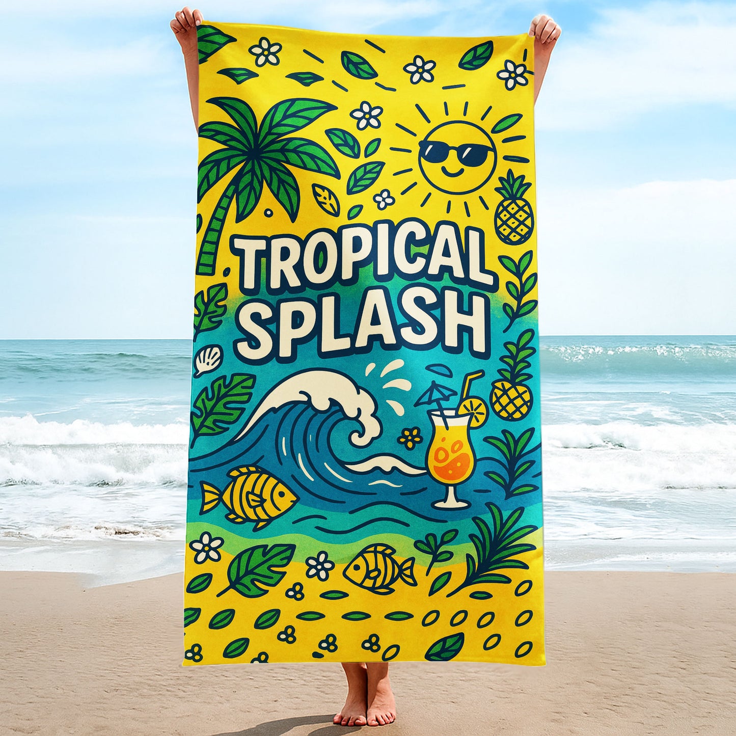 Tropical Splash Summer Beach Towel with a vibrant yellow background, palm trees, waves, swimming fish, a smiling sun with sunglasses, a tropical cocktail, and "TROPICAL SPLASH" text on a beach with ocean background.