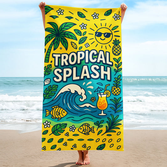 Tropical Splash Summer Beach Towel with a vibrant yellow background, palm trees, waves, swimming fish, a smiling sun with sunglasses, a tropical cocktail, and "TROPICAL SPLASH" text on a beach with ocean background.