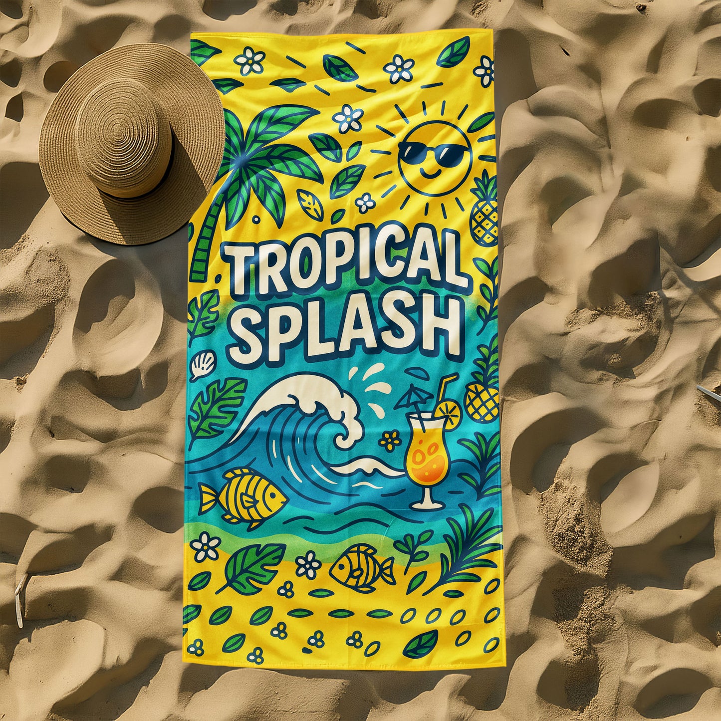 Tropical Splash Summer Beach Towel with a vibrant yellow background, palm trees, waves, swimming fish, a smiling sun with sunglasses, a tropical cocktail, and "TROPICAL SPLASH" text on a beach with ocean background.