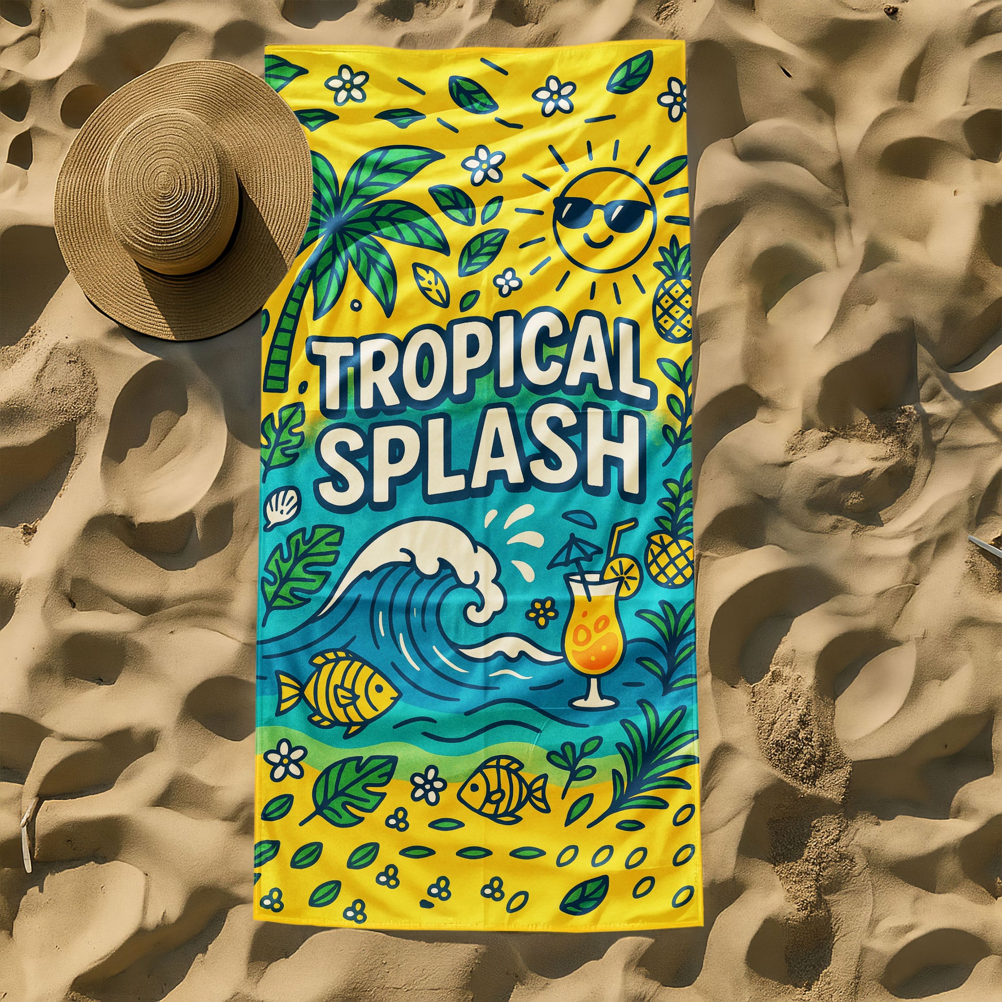 Tropical Splash Summer Beach Towel with a vibrant yellow background, palm trees, waves, swimming fish, a smiling sun with sunglasses, a tropical cocktail, and "TROPICAL SPLASH" text on a beach with ocean background.