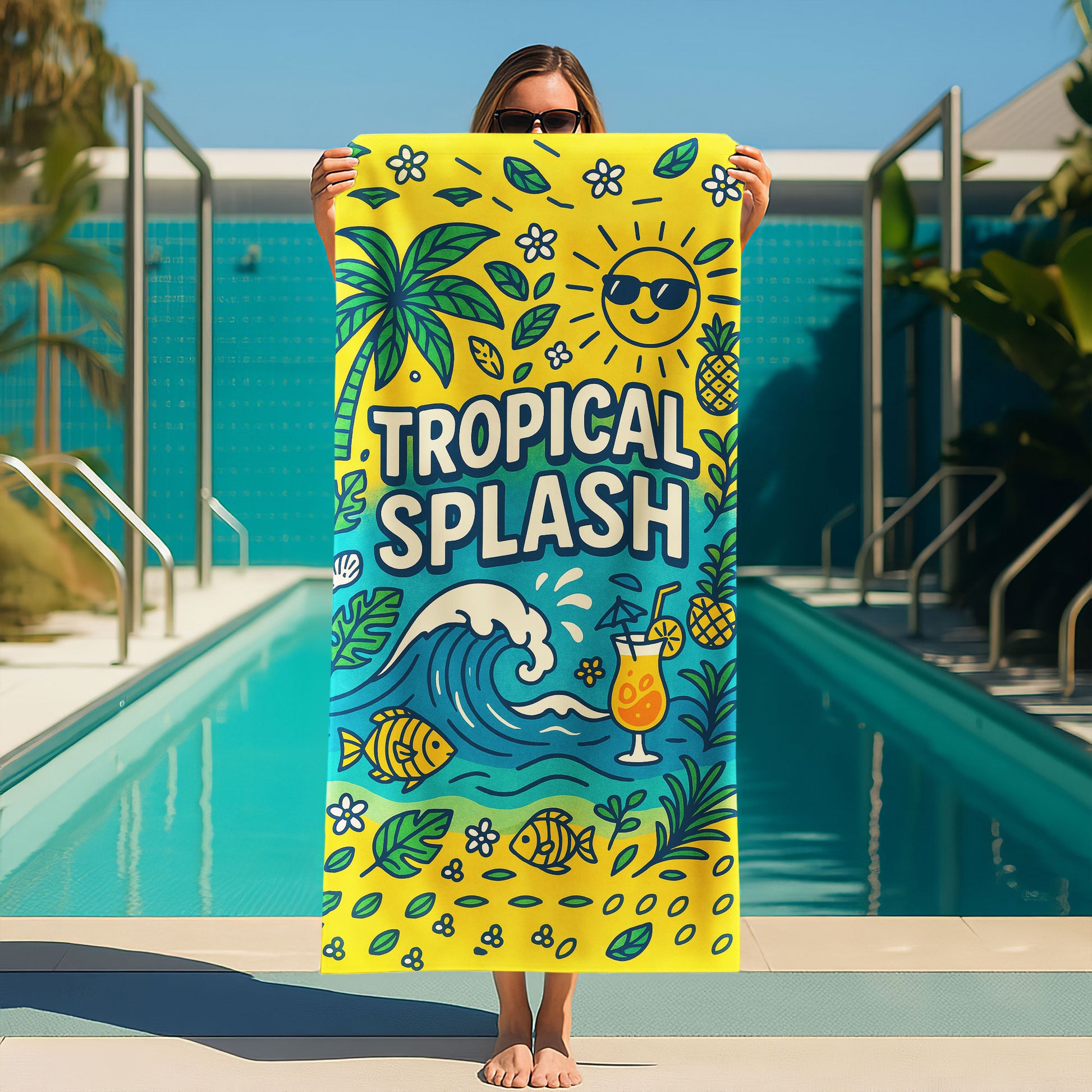 Tropical Splash Summer Beach Towel with a vibrant yellow background, palm trees, waves, swimming fish, a smiling sun with sunglasses, a tropical cocktail, and "TROPICAL SPLASH" text on a beach with ocean background.