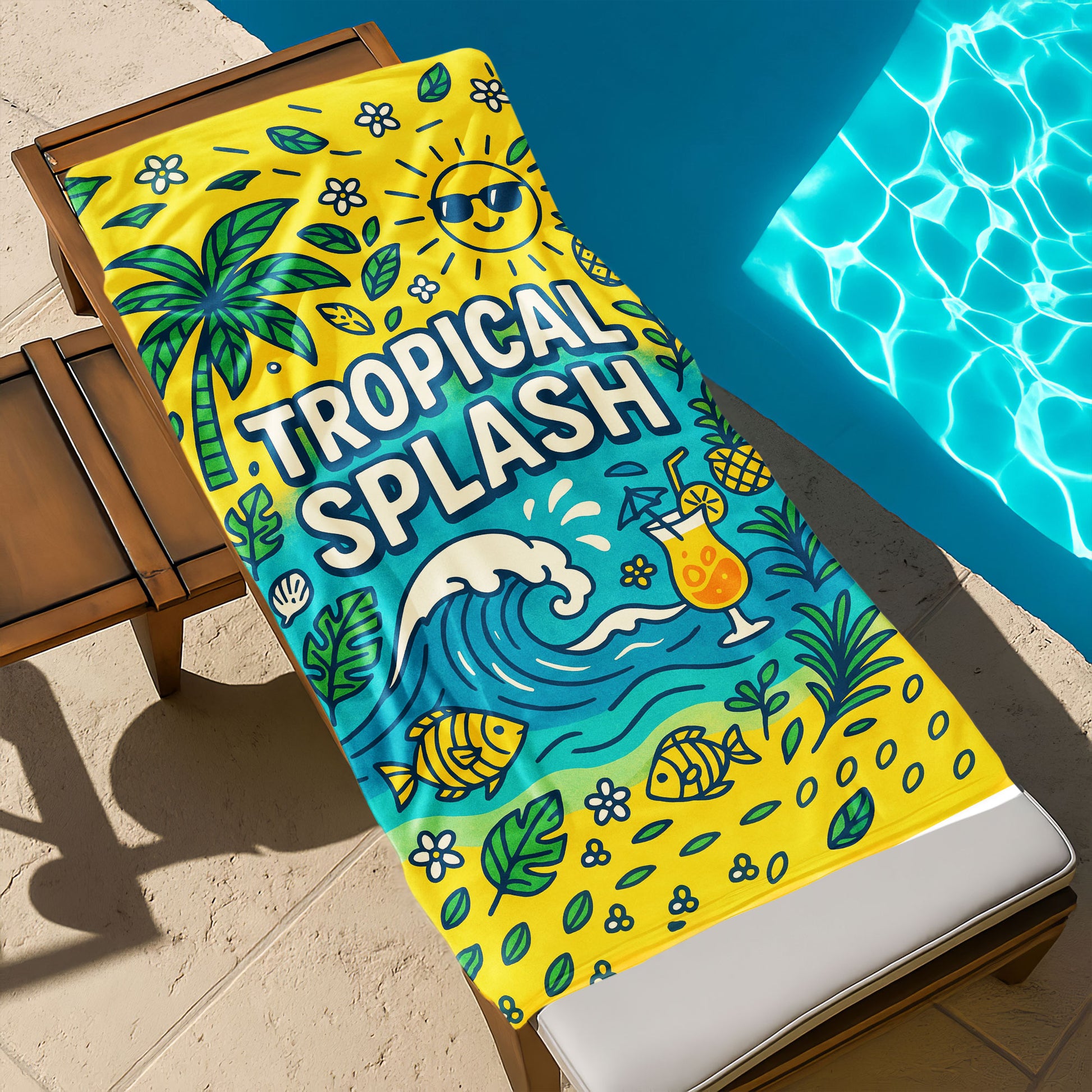 Tropical Splash Summer Beach Towel with a vibrant yellow background, palm trees, waves, swimming fish, a smiling sun with sunglasses, a tropical cocktail, and "TROPICAL SPLASH" text on a beach with ocean background.