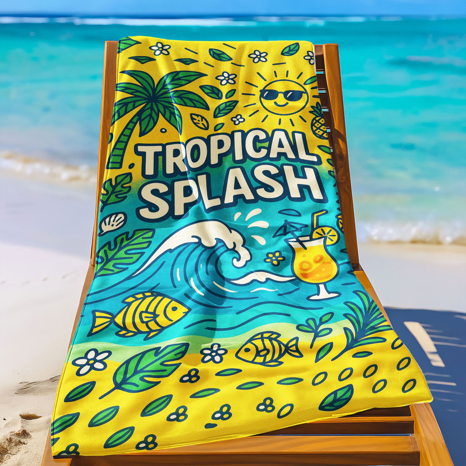 Tropical Splash Summer Beach Towel with a vibrant yellow background, palm trees, waves, swimming fish, a smiling sun with sunglasses, a tropical cocktail, and "TROPICAL SPLASH" text on a beach with ocean background.