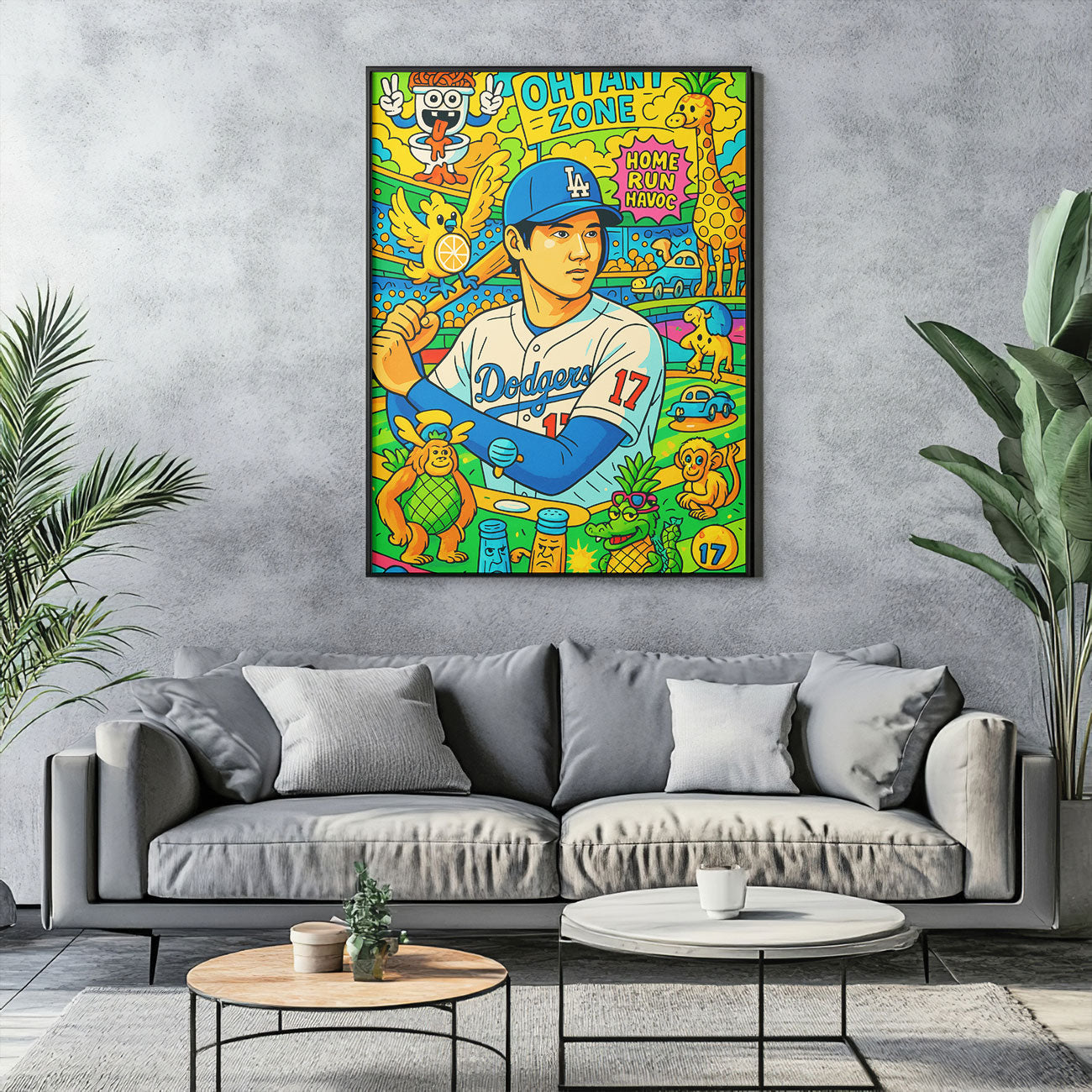 Vibrant pop art canvas print of a baseball player in a blue and white uniform with number 17, holding a bat, surrounded by colorful and whimsical cartoon animals and symbols