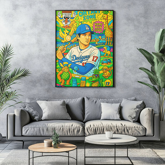 Vibrant pop art canvas print of a baseball player in a blue and white uniform with number 17, holding a bat, surrounded by colorful and whimsical cartoon animals and symbols