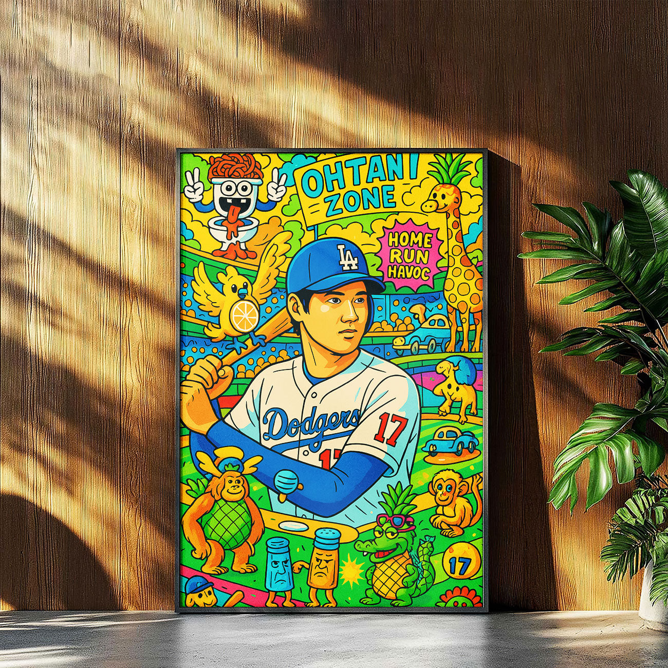 Vibrant pop art canvas print of a baseball player in a blue and white uniform with number 17, holding a bat, surrounded by colorful and whimsical cartoon animals and symbols