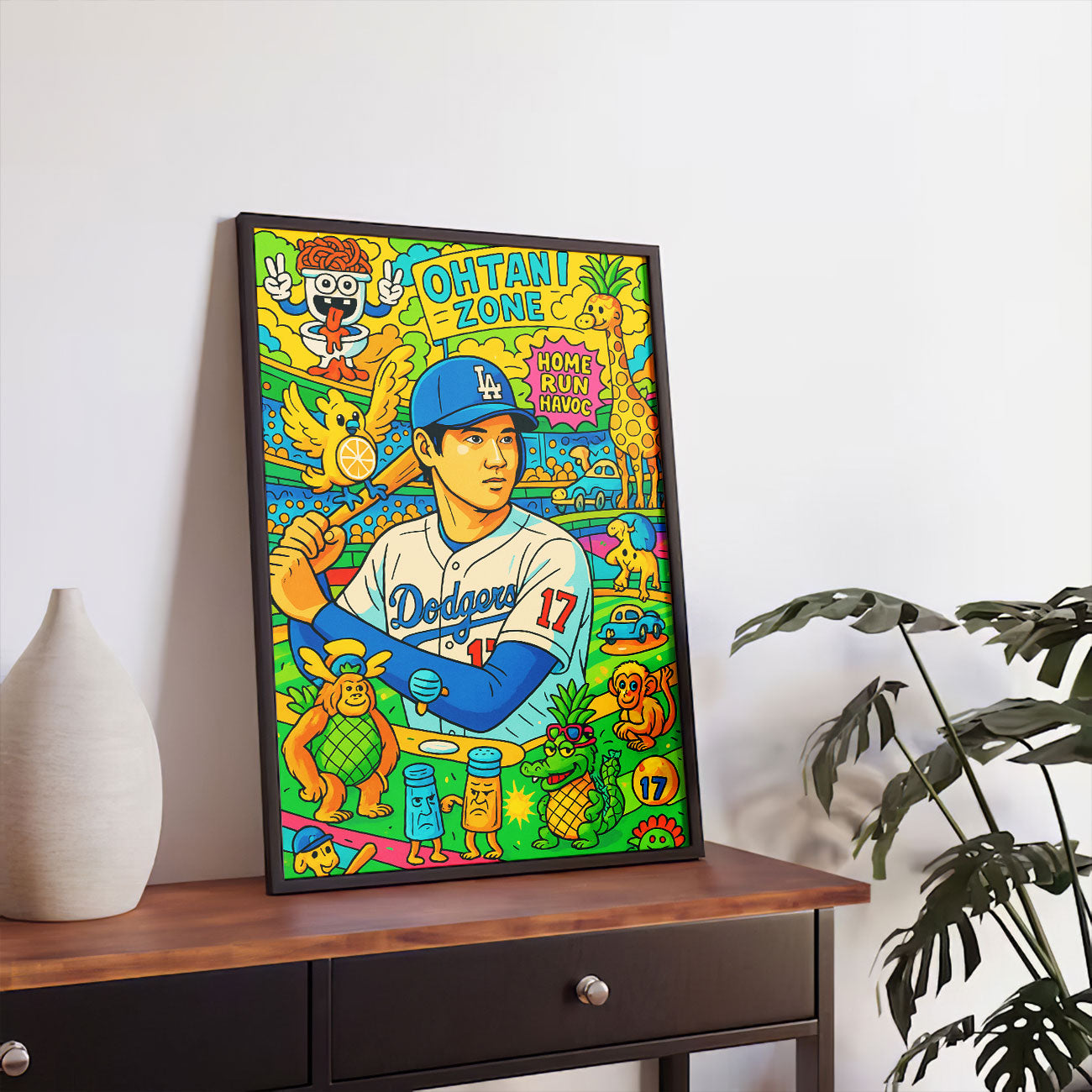 Vibrant pop art canvas print of a baseball player in a blue and white uniform with number 17, holding a bat, surrounded by colorful and whimsical cartoon animals and symbols