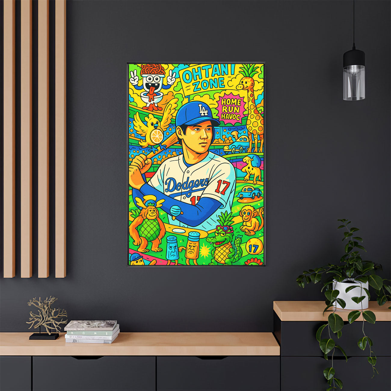 Vibrant pop art canvas print of a baseball player in a blue and white uniform with number 17, holding a bat, surrounded by colorful and whimsical cartoon animals and symbols